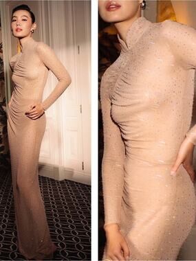 SAU LEE Kai Crystal Embellished Sheer Ruched Long Sleeve Nude Maxi Dress Size 2